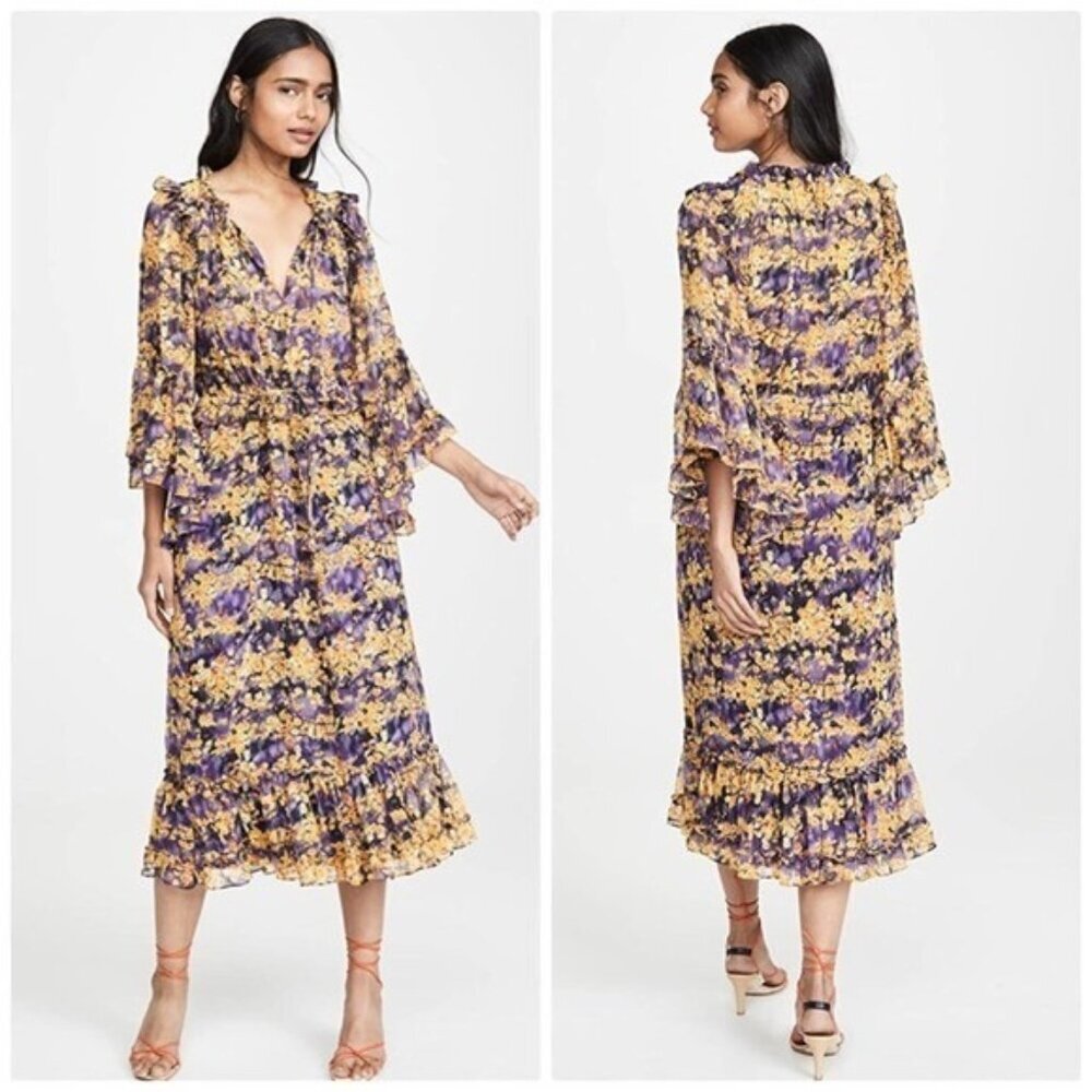MISA Los Angeles Yanira Midi Puprple Yellow Floral Ruffle Dress‎ Size XS